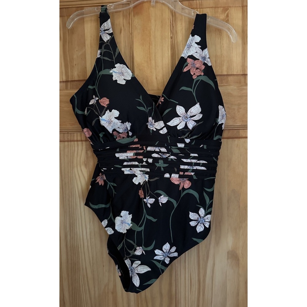 NWT Shade & Shore Swimsuit Women's 16 Floral V-Neck Full Coverage Tummy Control